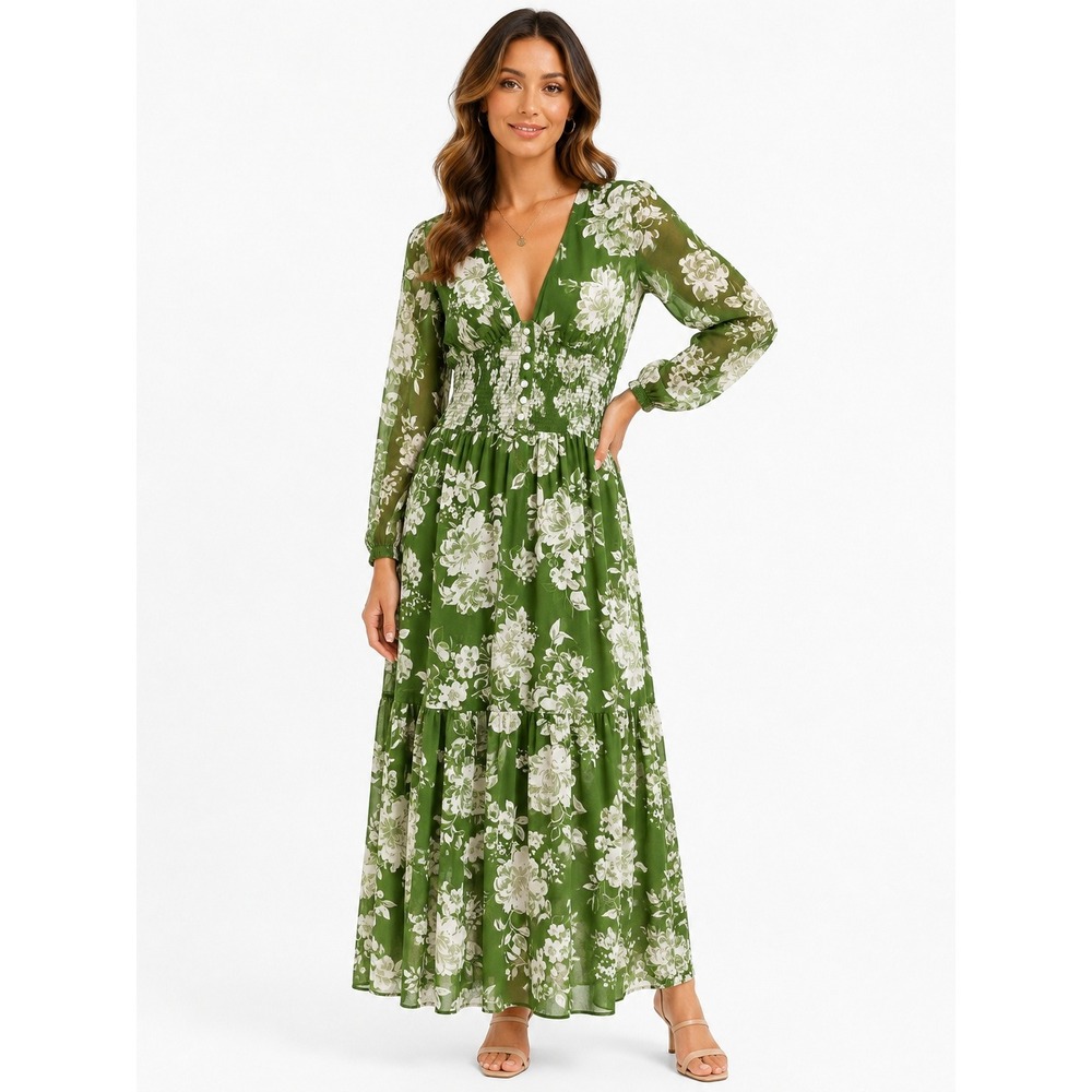 Patrons of Peace Green Floral Smocked Maxi Dress XS Boho Chic Bayleaf